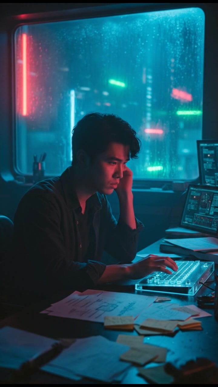 A young man working intensely at a desk, papers and notes scattered around him.
