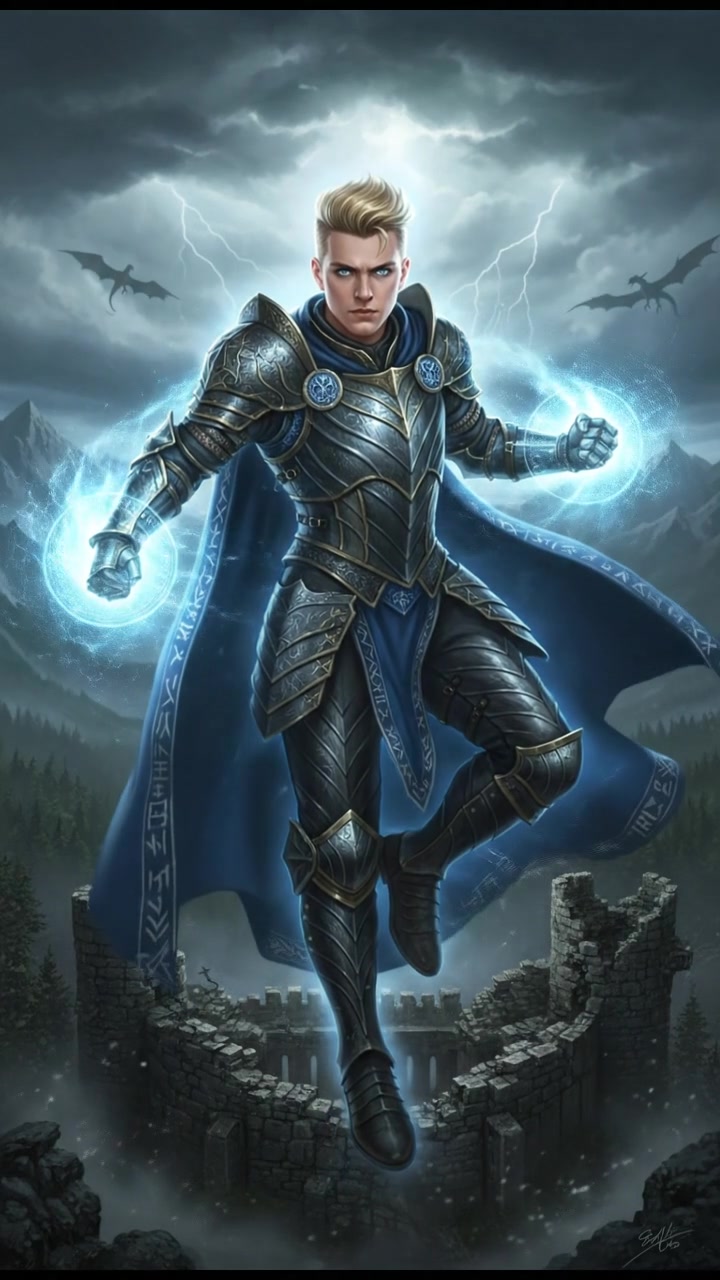 Ryan in a dynamic pose, surrounded by crackling power, with a bright aura illuminating his figure.