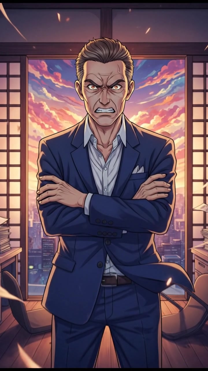 Omar standing in an office with an angry expression, arms crossed.