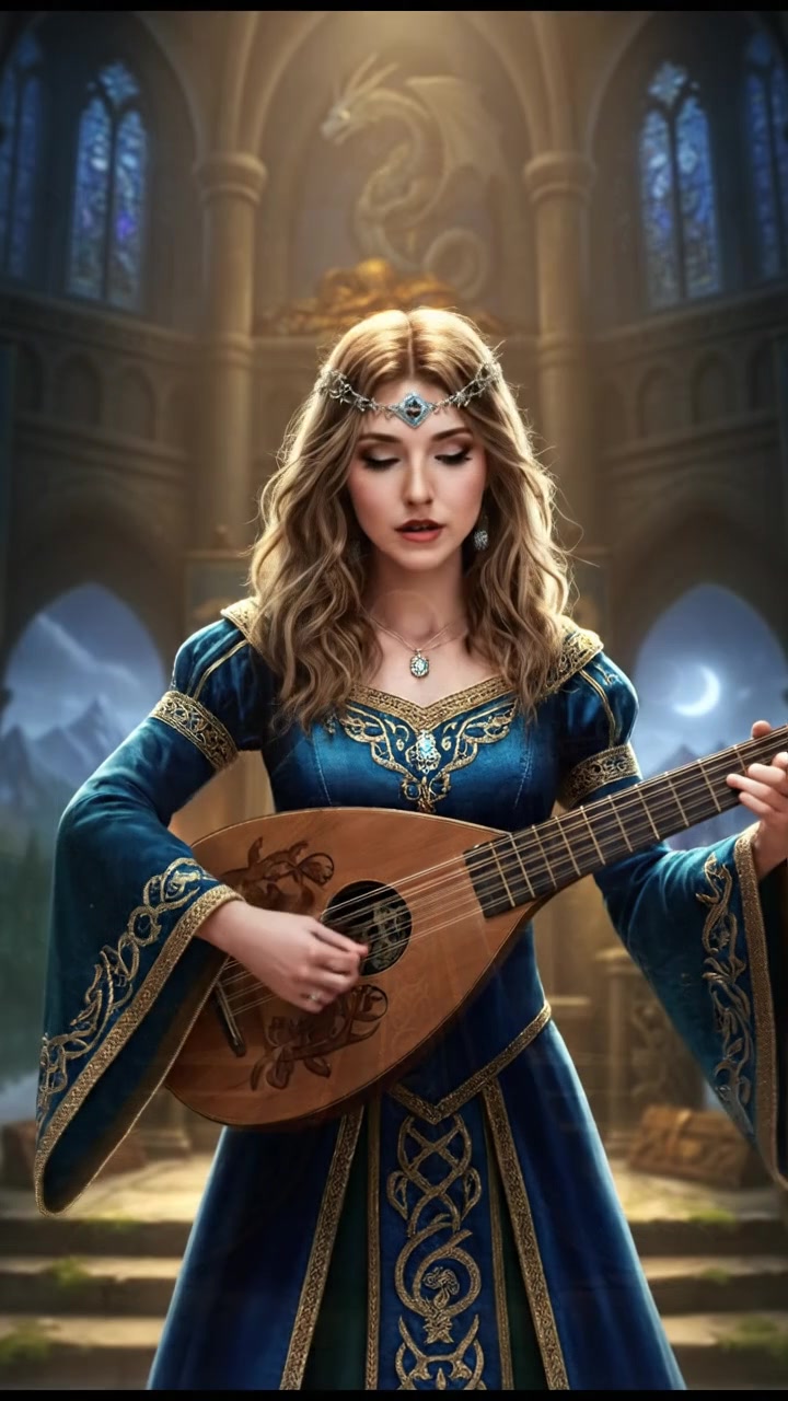 A wide shot of Ashley performing on stage, with a spotlight shining down on her.