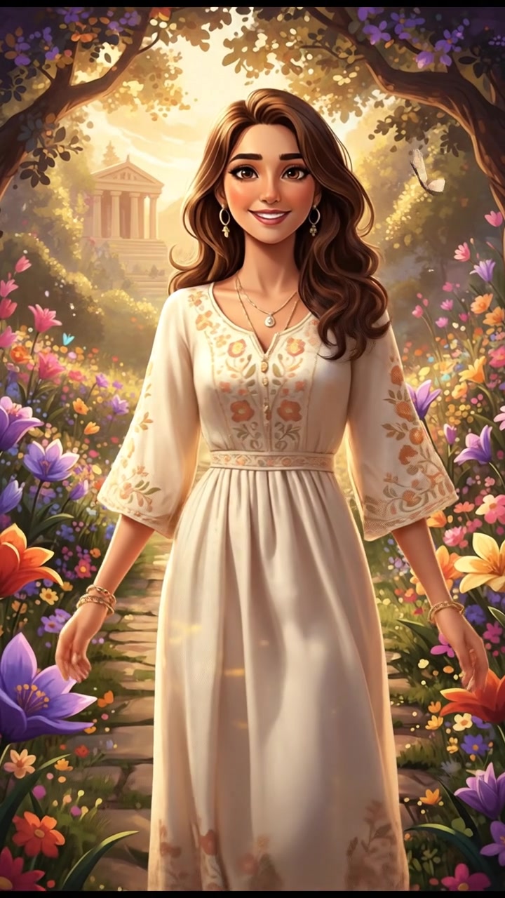 The Maya, with loose curls, smiling confidently while standing in a sunlit park filled with blooming flowers.