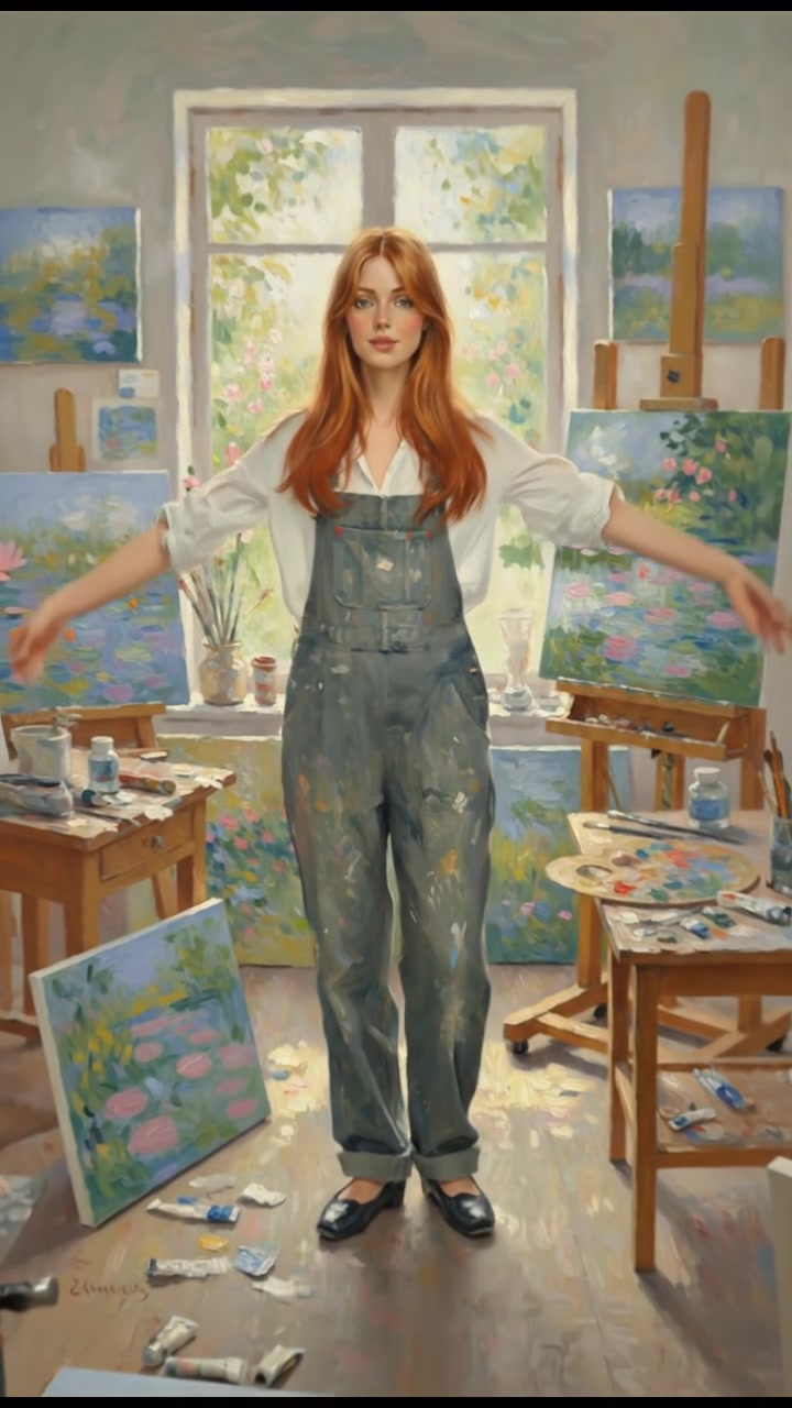 Emma standing proudly in her art studio, surrounded by her own paintings and vibrant colors.