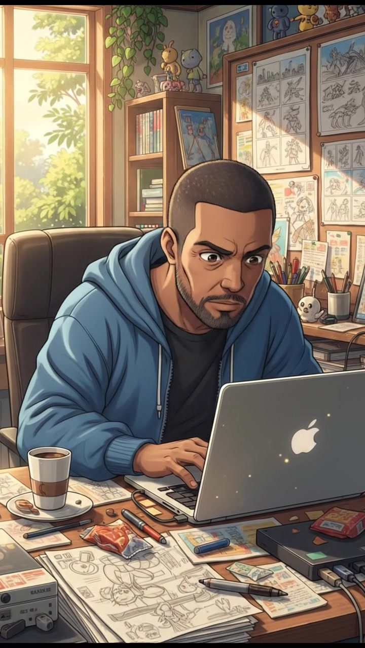 Kwame sitting at a desk cluttered with sketches and storyboards, focused on his laptop.
