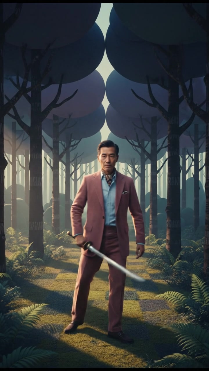 A dark forest with shadows looming, Hiro standing confidently, holding a simple sword, surrounded by trees.