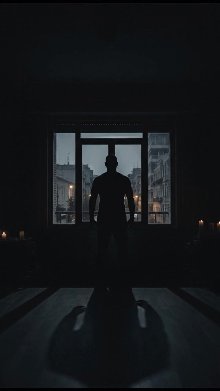 A dark silhouette of Carlos standing in his window, with no lights on in his apartment.