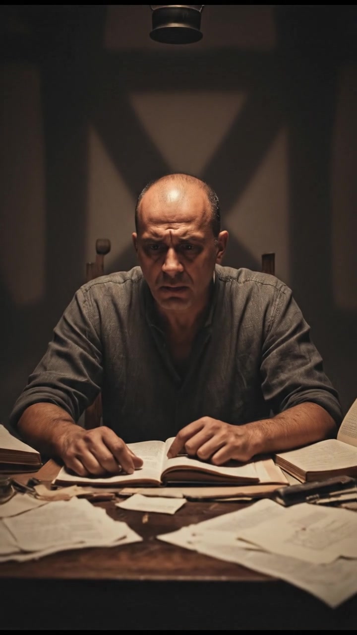 Carlos sitting at a desk, surrounded by papers, a look of concern etched on his face.