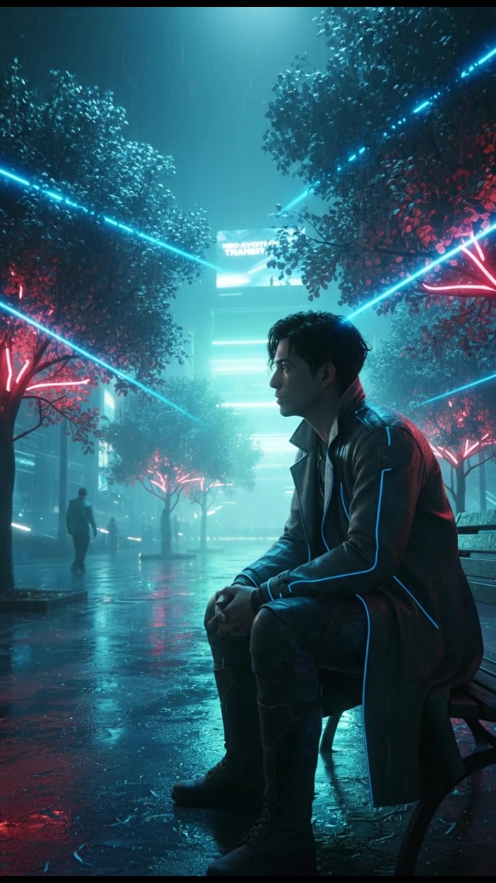 Ken, sitting on a park bench, gazing thoughtfully at a serene lake surrounded by trees.