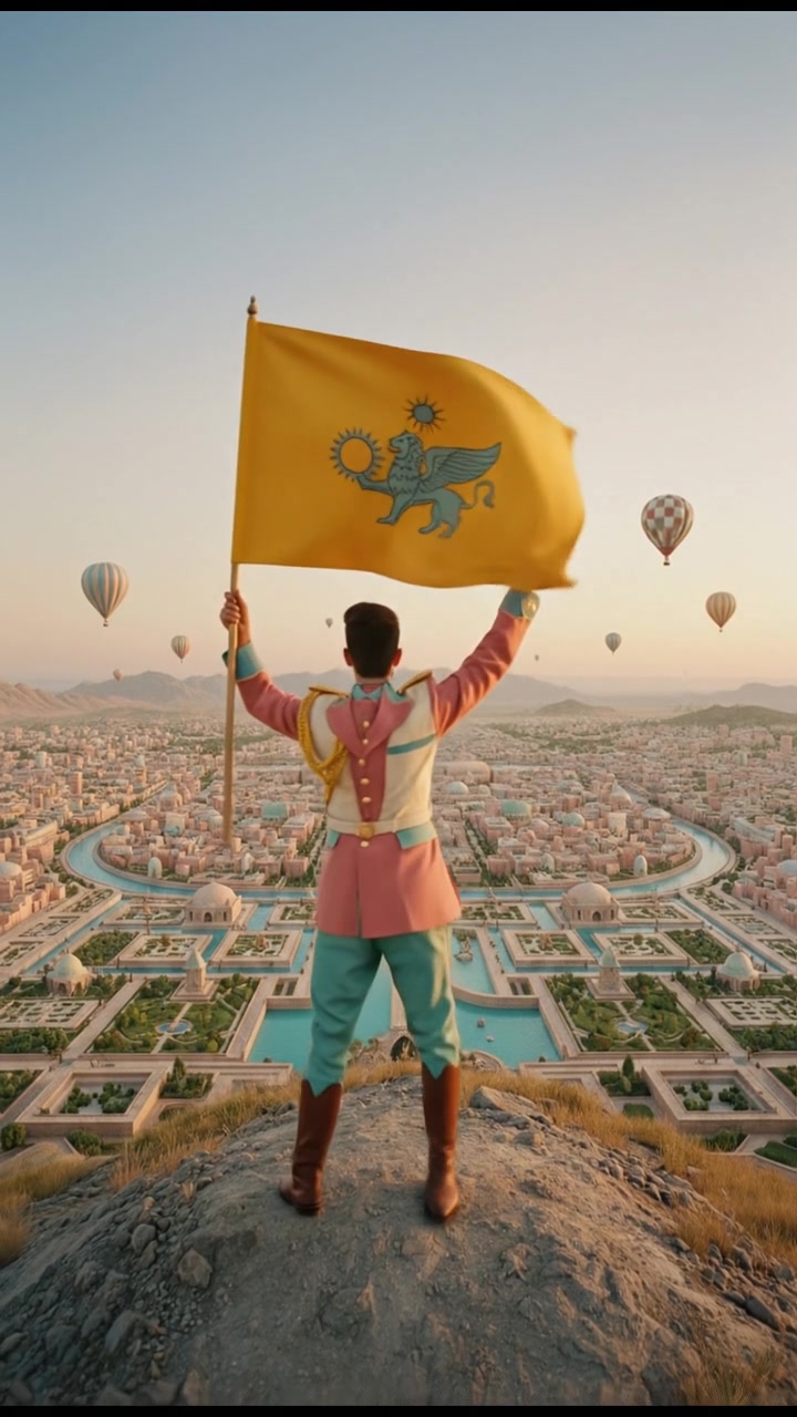Amir standing proudly on a hilltop overlooking a united Persia, waving a flag with a symbolic emblem.