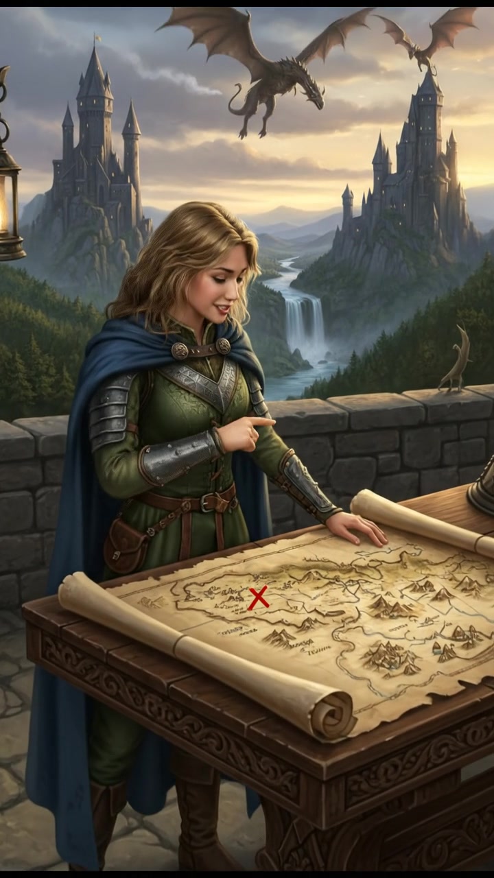 Ashley stands beside a large map on a table outdoors, pointing excitedly at a marked location.