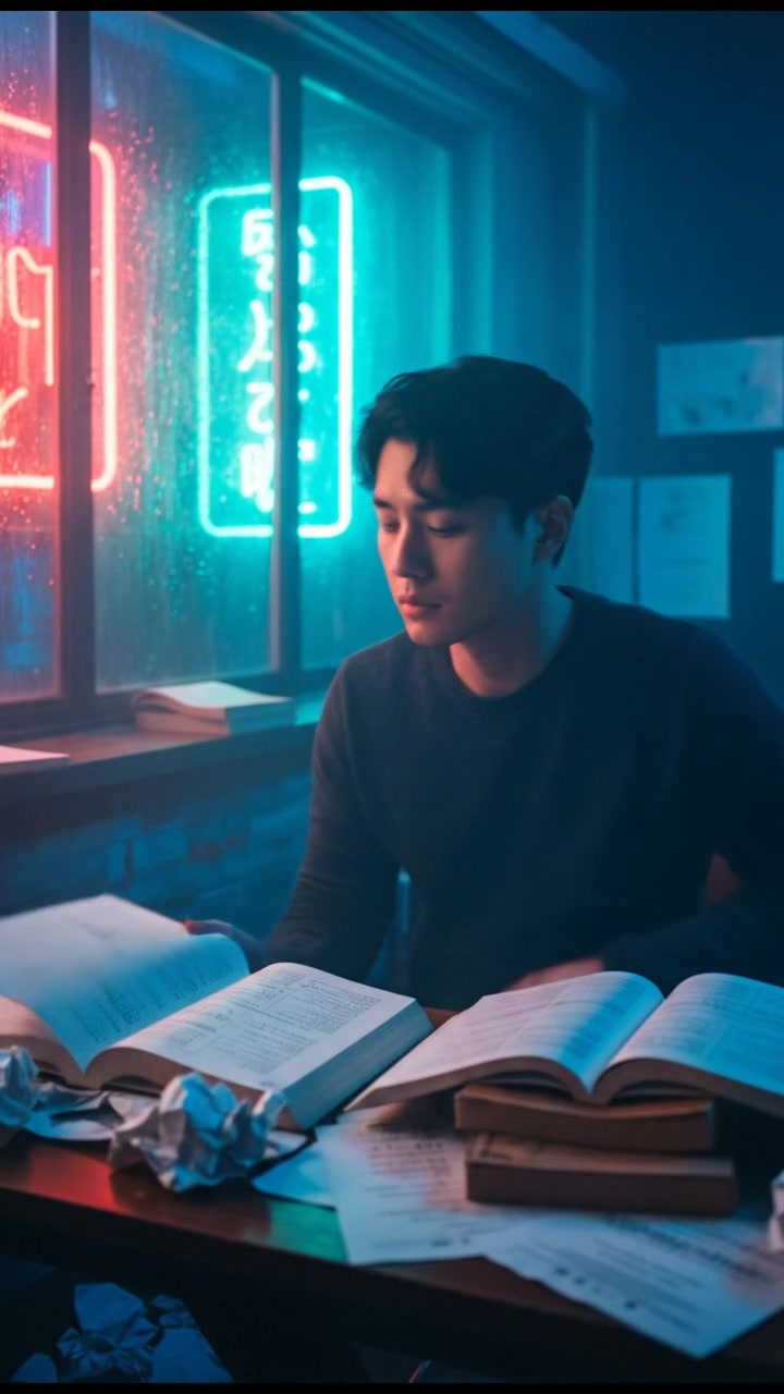 A thoughtful Ken sitting at a desk, surrounded by open textbooks and crumpled papers.