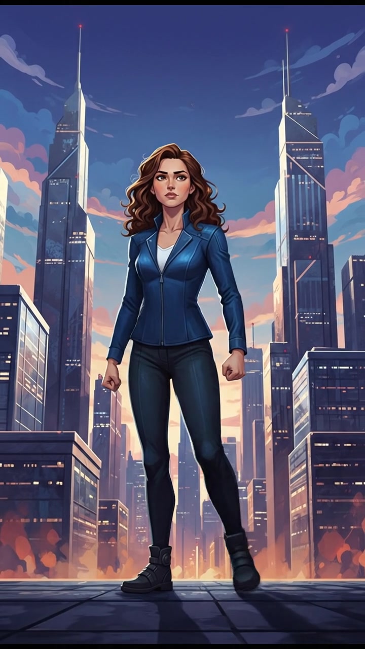 Maya standing up, looking determined, with a city skyline in the background.