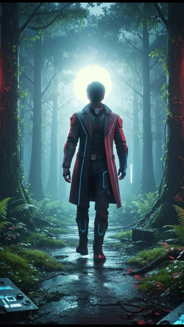 A serene landscape depicting Ken walking through a tranquil forest, radiating purpose and strength.