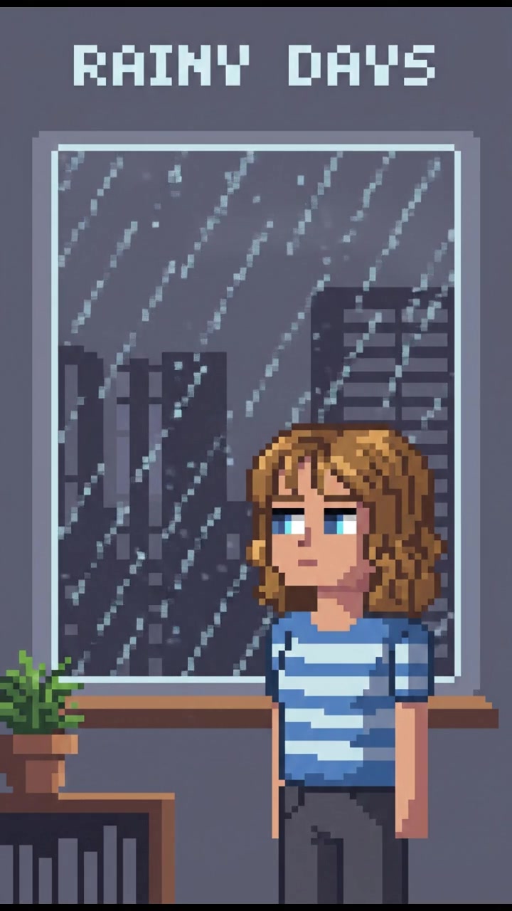 Ashley looking out of a window at rain falling, with a pensive gaze.