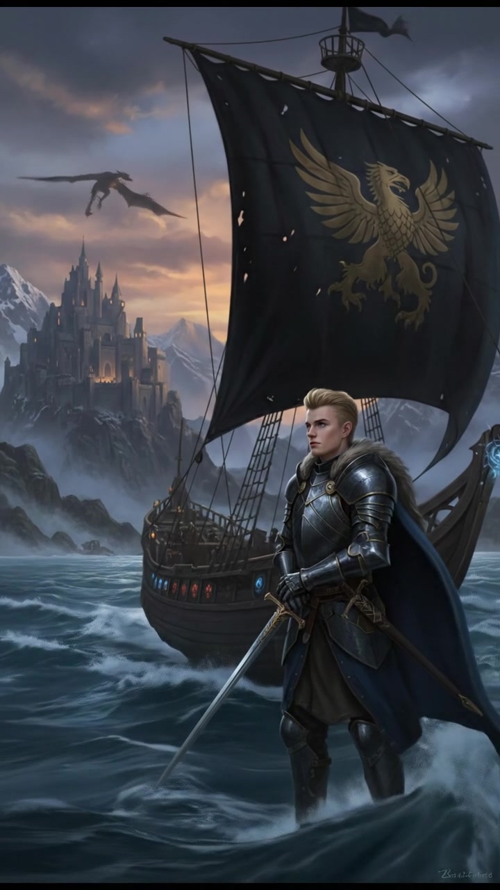 A majestic ship sailing across the ocean, with Ryan standing on the deck, looking out towards the horizon.