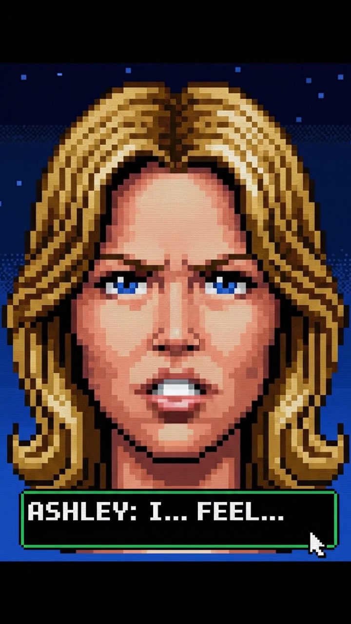 A close-up of Ashley's face showing determination as she begins to voice her feelings.