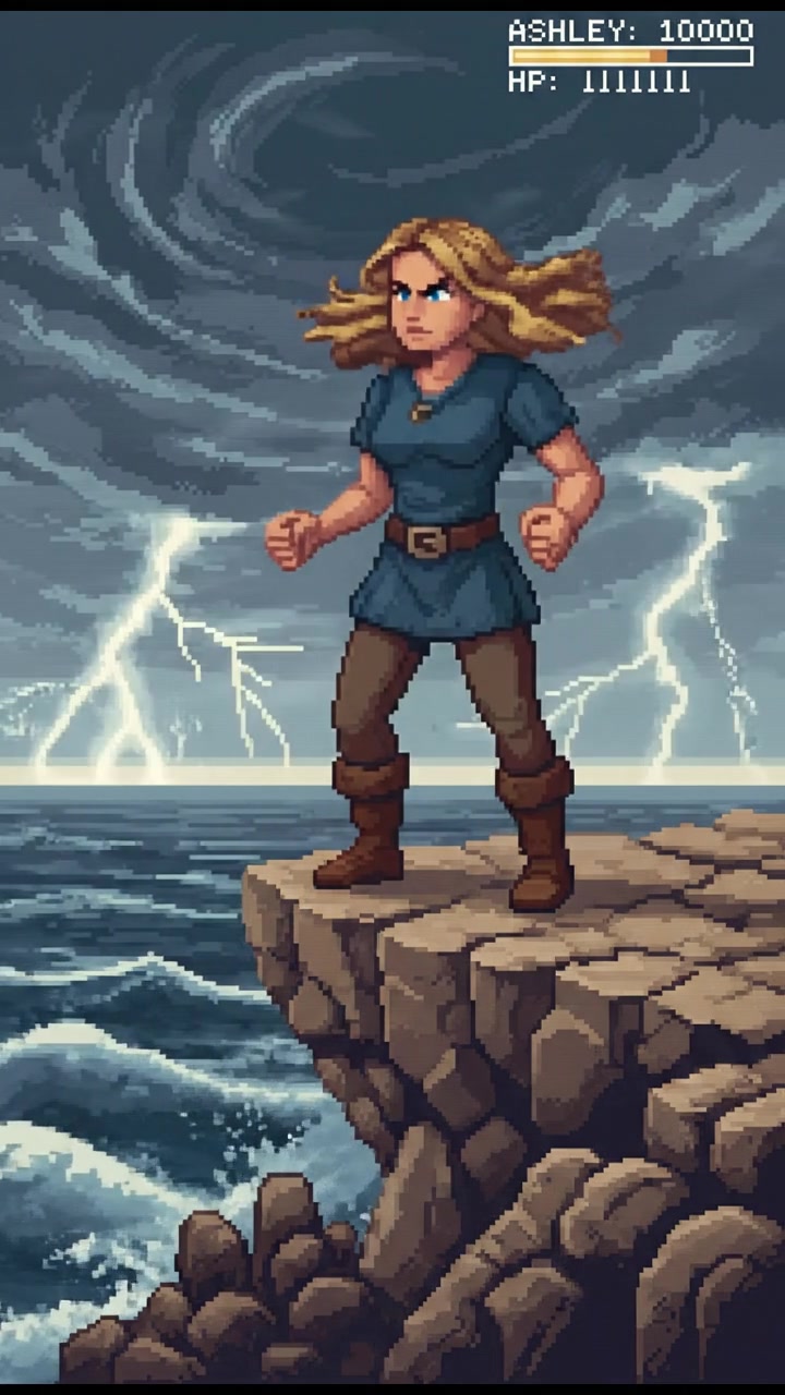 Ashley stands tall on a rocky cliff, gazing defiantly at stormy waves crashing below.