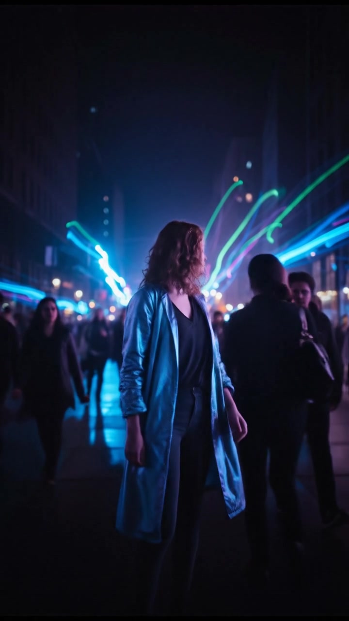 Ashley standing on a busy sidewalk, looking around at people walking by.