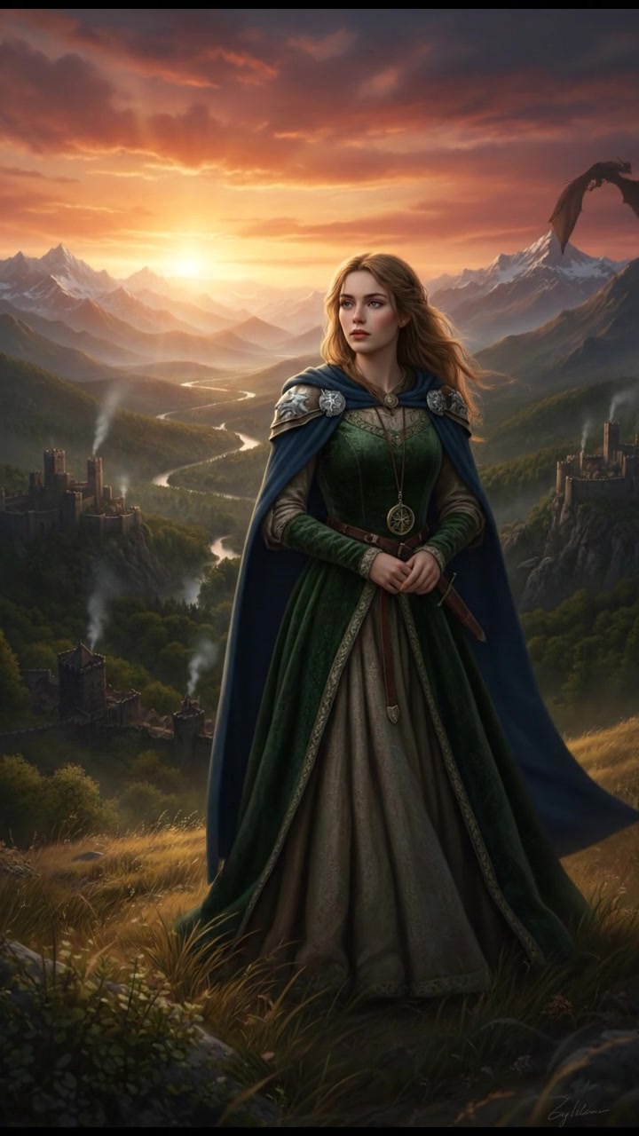 Ashley, looking contemplative, stands on a grassy hill overlooking a valley at sunset.