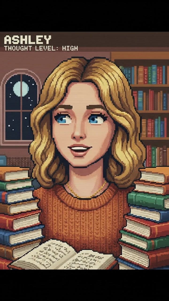 A close-up of Ashley looking thoughtful, surrounded by books, with a hint of curiosity in her eyes.