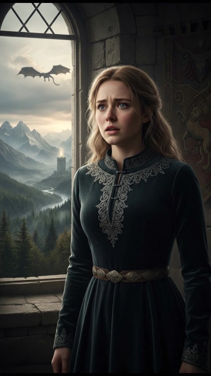 Ashley with a worried expression, looking out of a window, soft light illuminating her face.