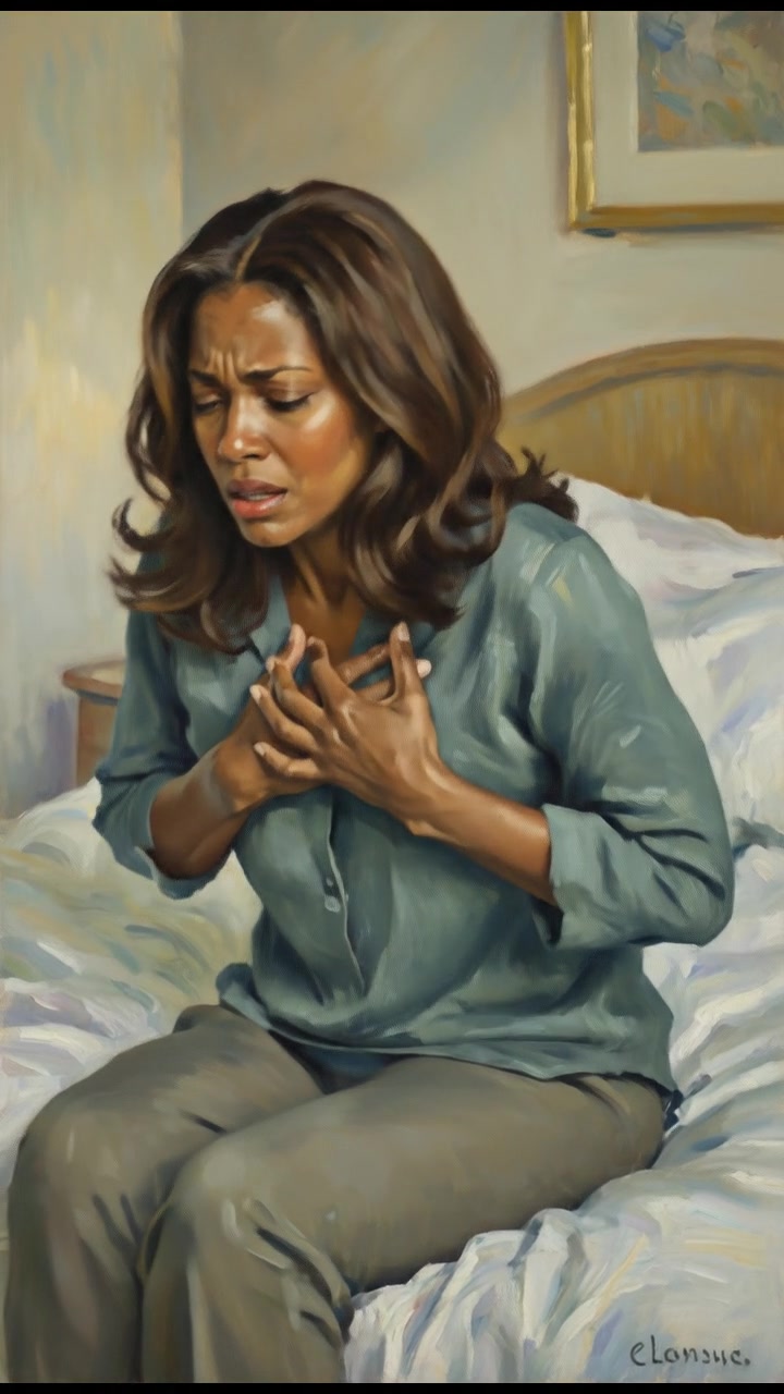 Monique sitting on her bed, looking miserable and struggling for breath.