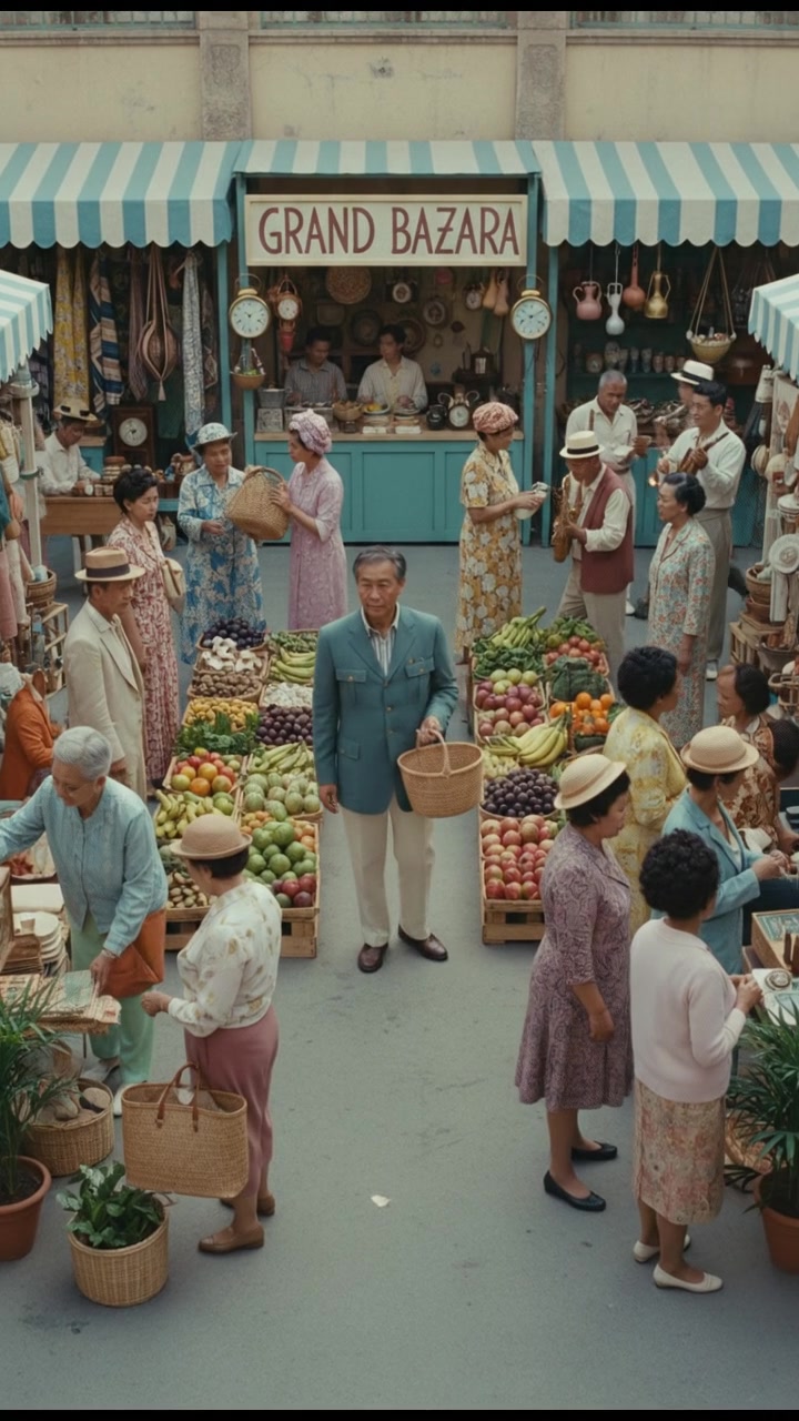 A bustling market scene with Hiro shopping for supplies among locals.
