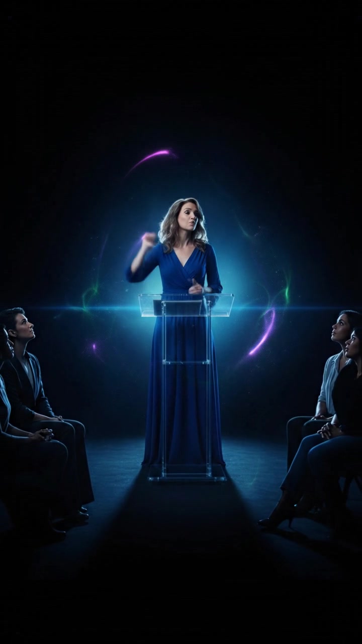 Ashley at a podium, gesturing as she speaks to a group of attentive colleagues.