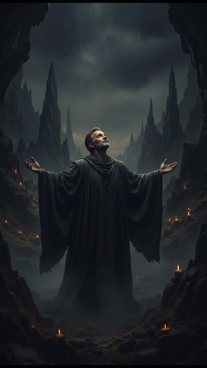 Omar standing in a serene valley, arms open, looking up with a gentle expression.