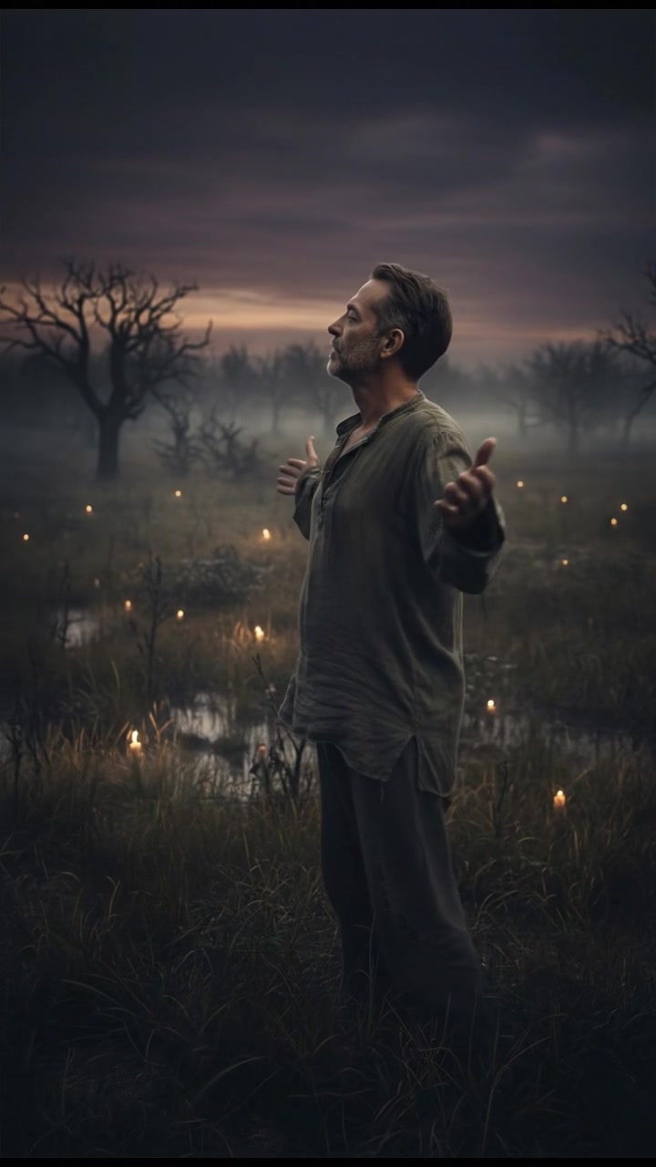 Omar, standing with arms open wide, gazing toward a lush field, symbolizing healing and hope.