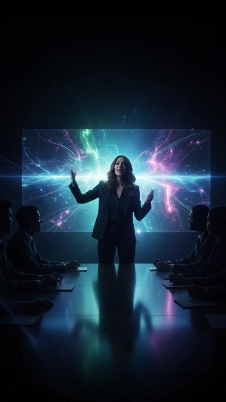 Ashley speaking enthusiastically to a group in a meeting room, gesturing towards a presentation.