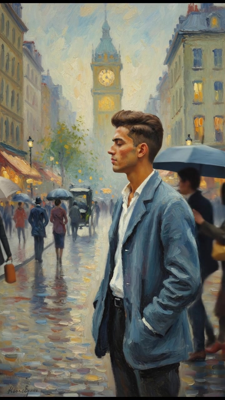 Amir looking contemplative while standing on a busy street, observing people and buildings around him.