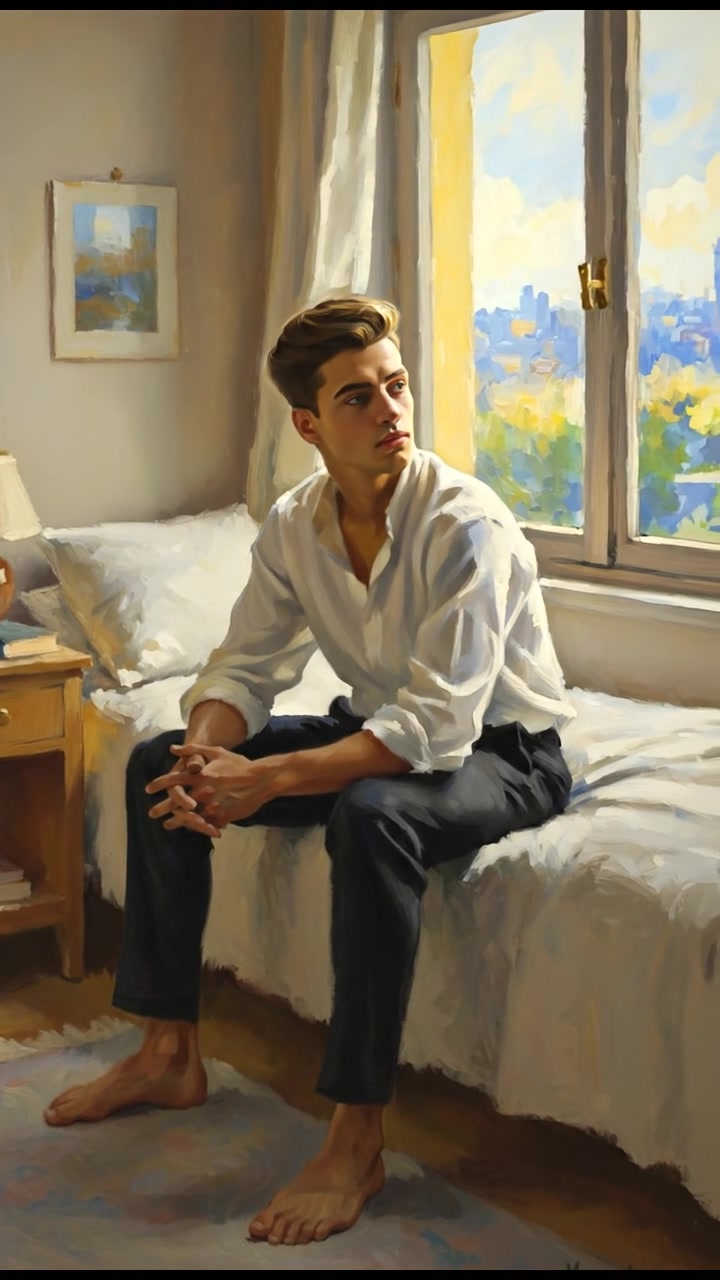 Amir sitting on the edge of his bed in his small room, gazing thoughtfully out the window.