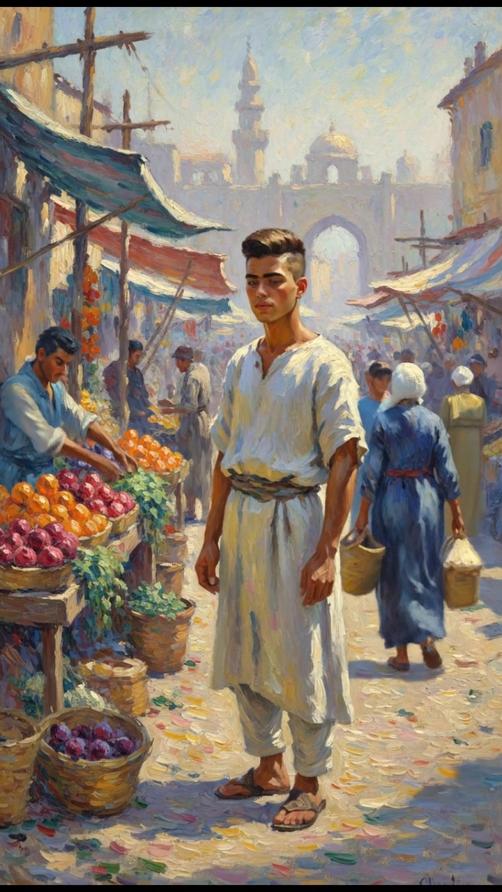 Amir standing in a bustling marketplace, surrounded by colorful stalls and shoppers.