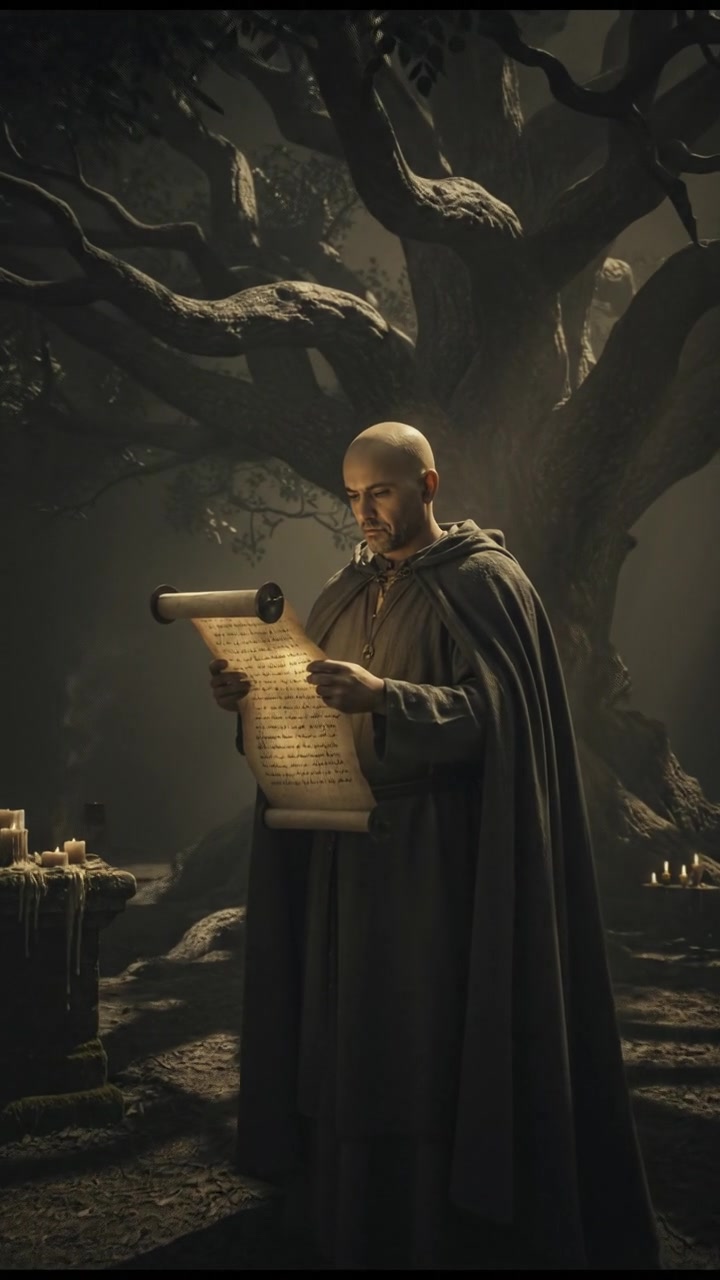 Carlos standing under a tree, looking contemplative with a scroll in hand.