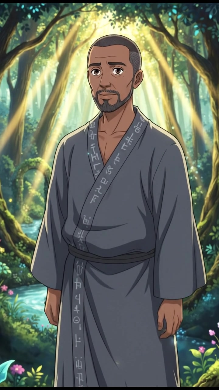 The Kwame stands in a forest, looking thoughtful as sunlight filters through the trees.