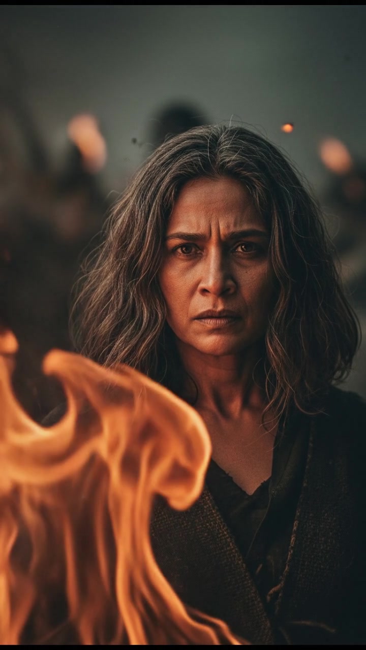 A close-up of Asha's determined face, with flames of a fire in the foreground and battle sounds in the distance.