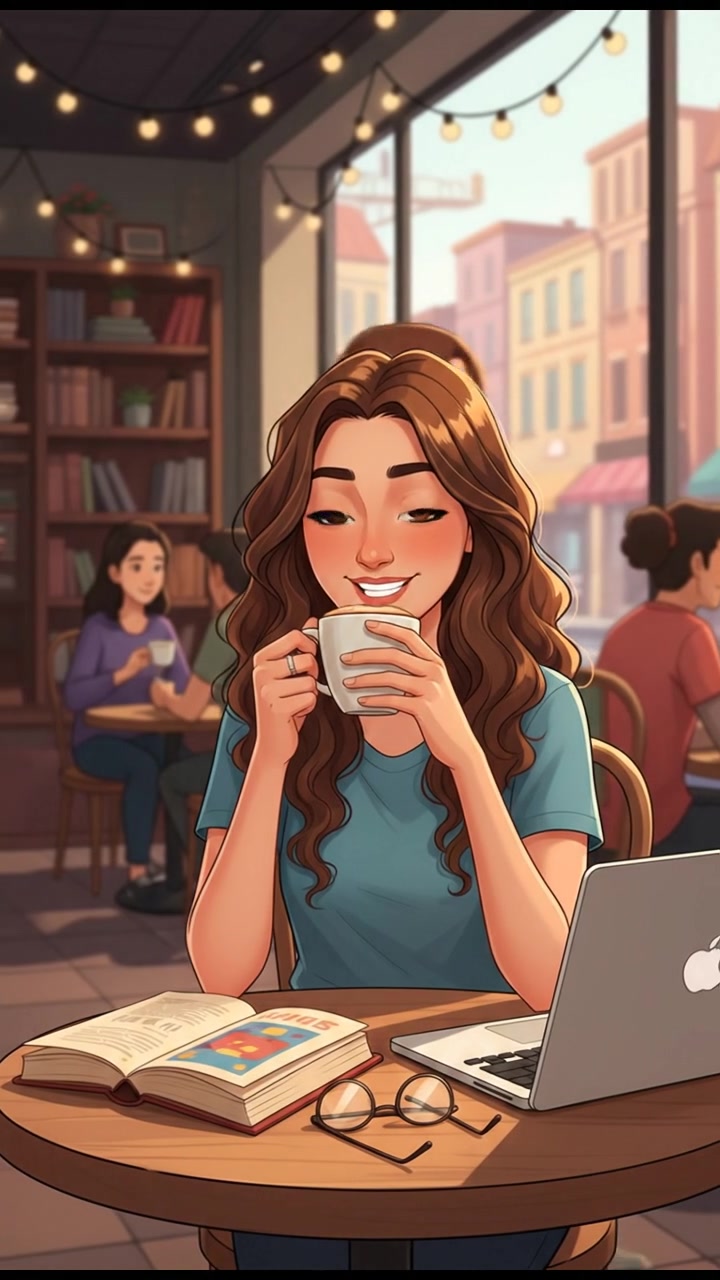 Maya sitting at a cozy coffee shop, sipping a latte, with a book and her laptop on the table.