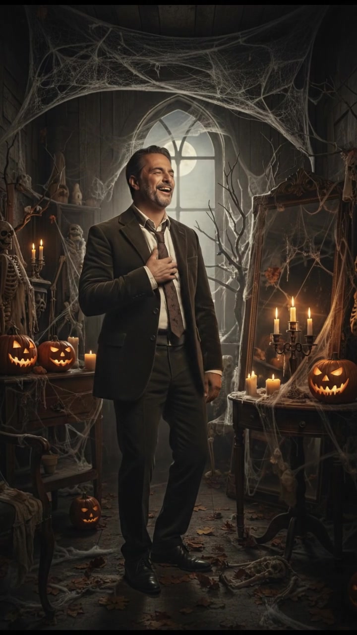 Omar standing in a dimly lit room, chuckling, with cobwebs and Halloween decorations around.
