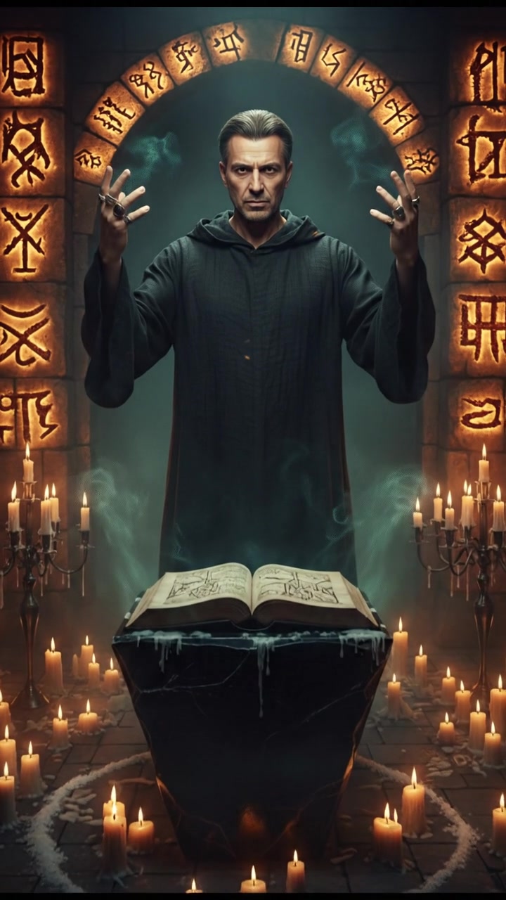 Omar standing in a dimly lit room, surrounded by candles and ancient symbols, performing a dark ritual.