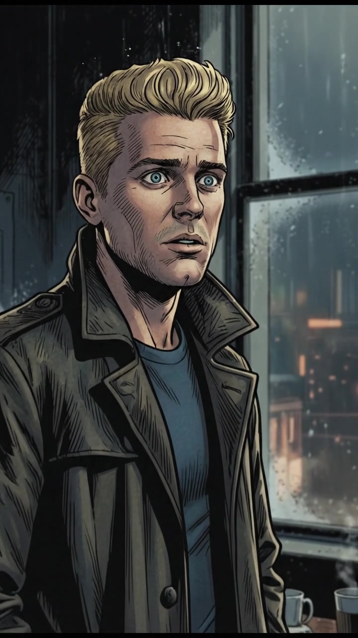 Ryan standing in a dimly lit room, gazing out a window with a troubled expression.