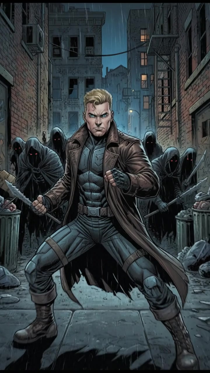 Ryan in a fierce stance, facing off against multiple shadowy figures in a dark alley, ready for a fight.