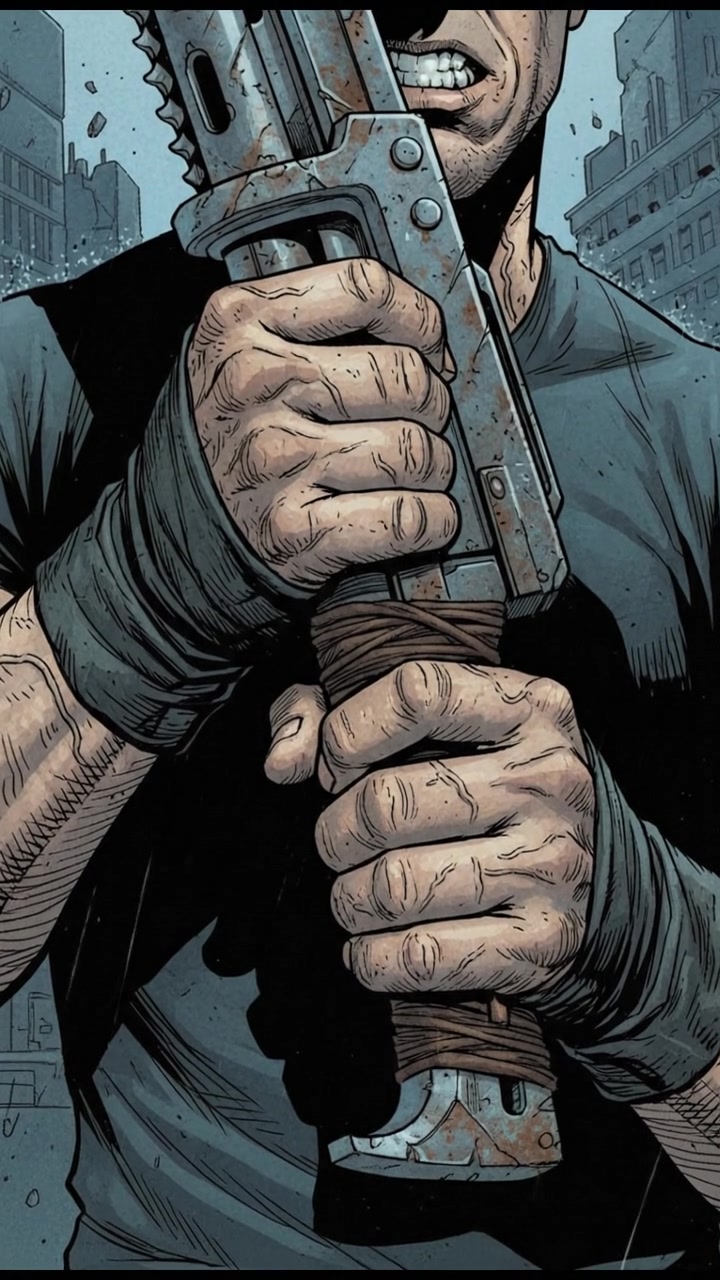 A close-up of Ryan's hands gripping a weapon, showing tension and determination.