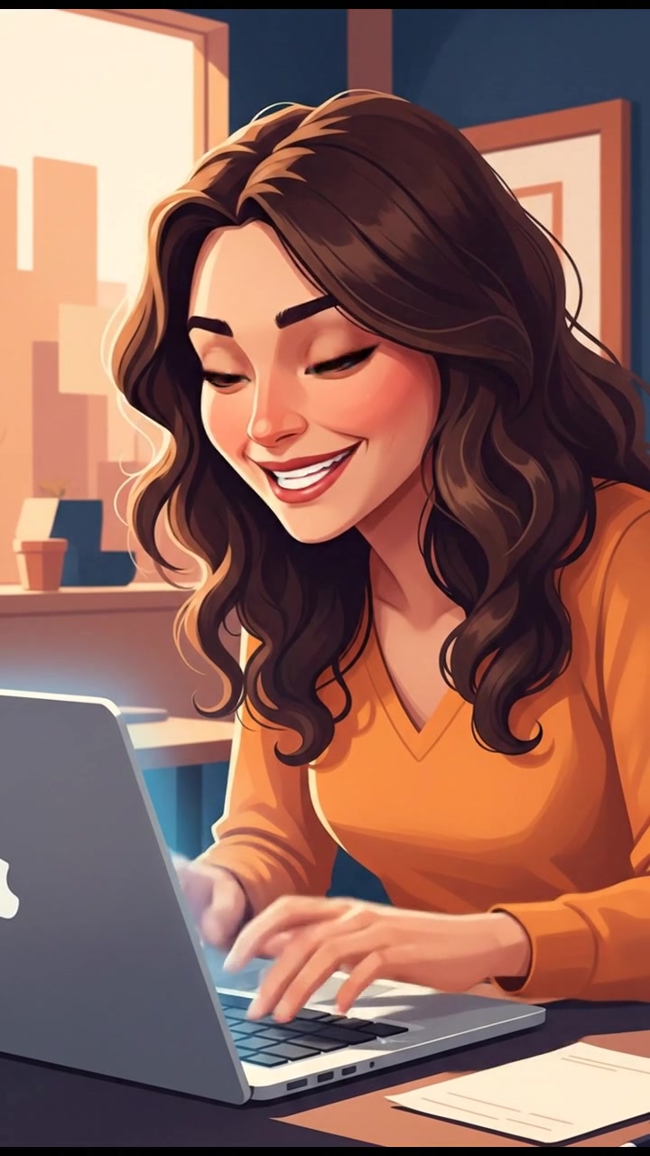 A close-up of Maya smiling while typing enthusiastically on her laptop.