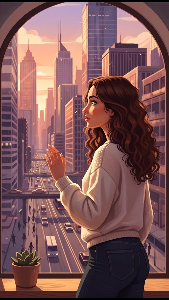 Maya standing by a window, looking out thoughtfully at a bustling city.