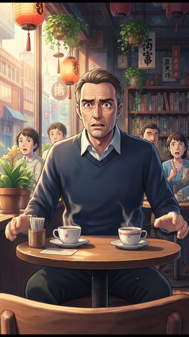 Omar, with a concerned expression, leans forward while sitting at a café table, emphasizing the mood.