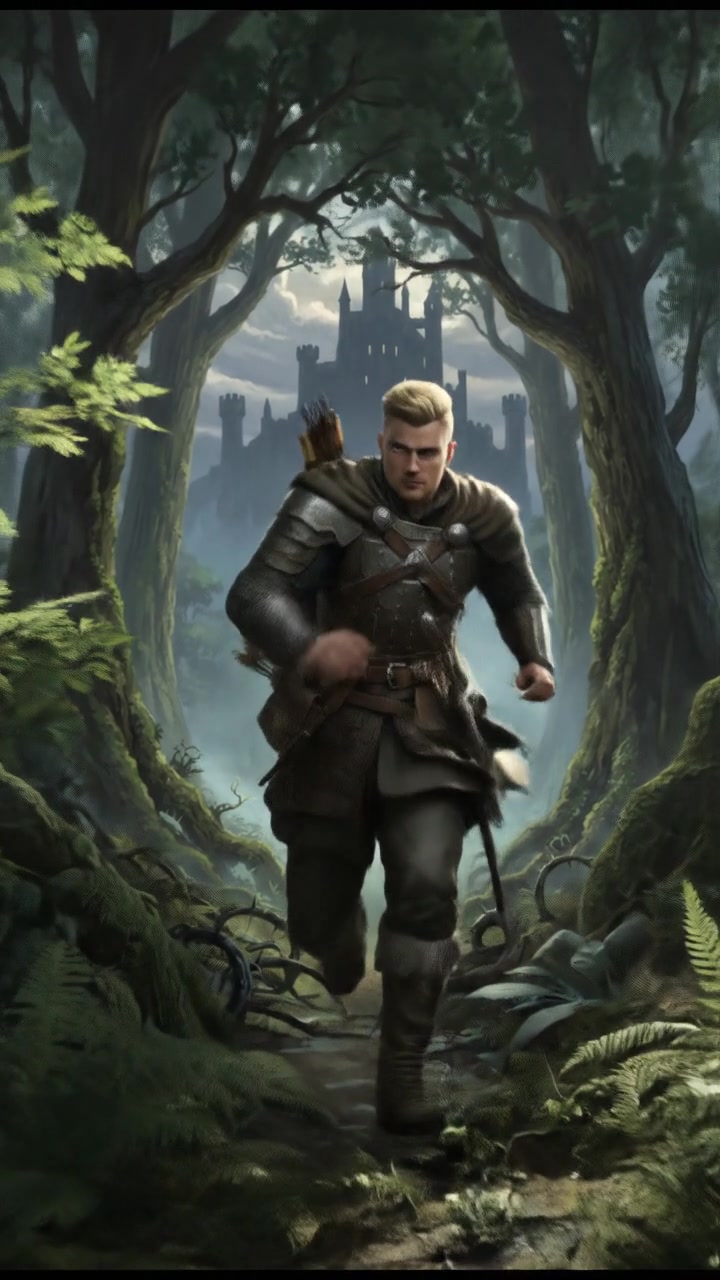 Ryan, wearing rugged adventure gear, runs through a dense forest, foliage blurred behind him.