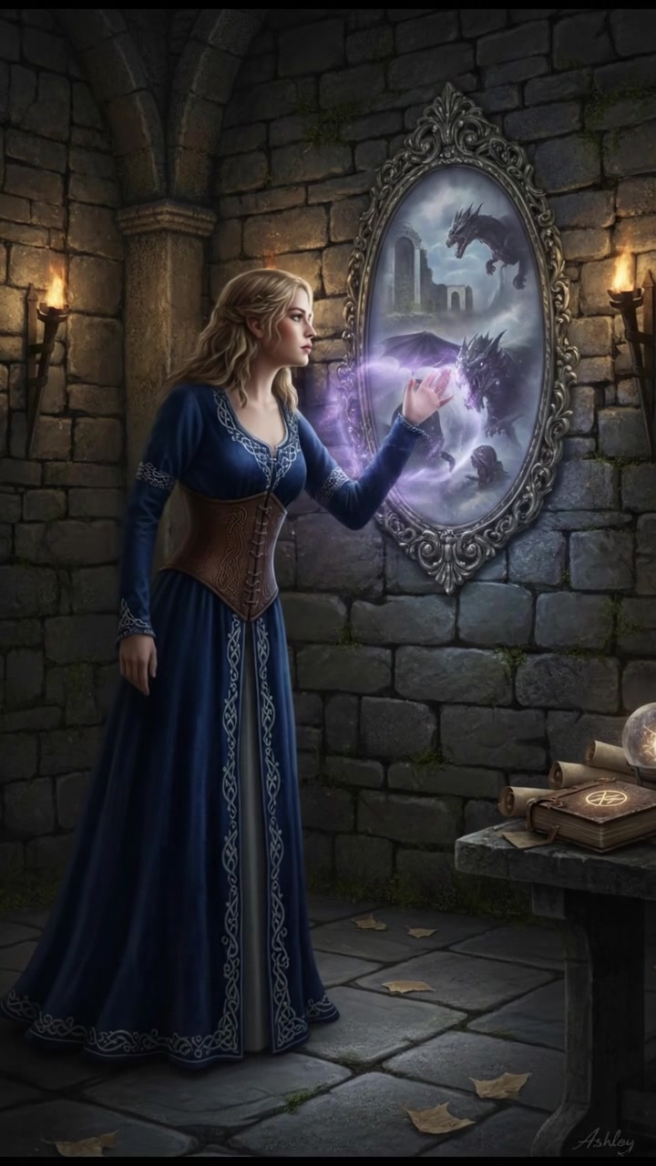 Ashley standing in a dimly lit room, gazing into a mirror, contemplating the hidden truths within.