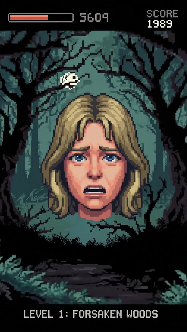 A close-up of Ashley's face, displaying anguish as she gazes around the foreboding forest.