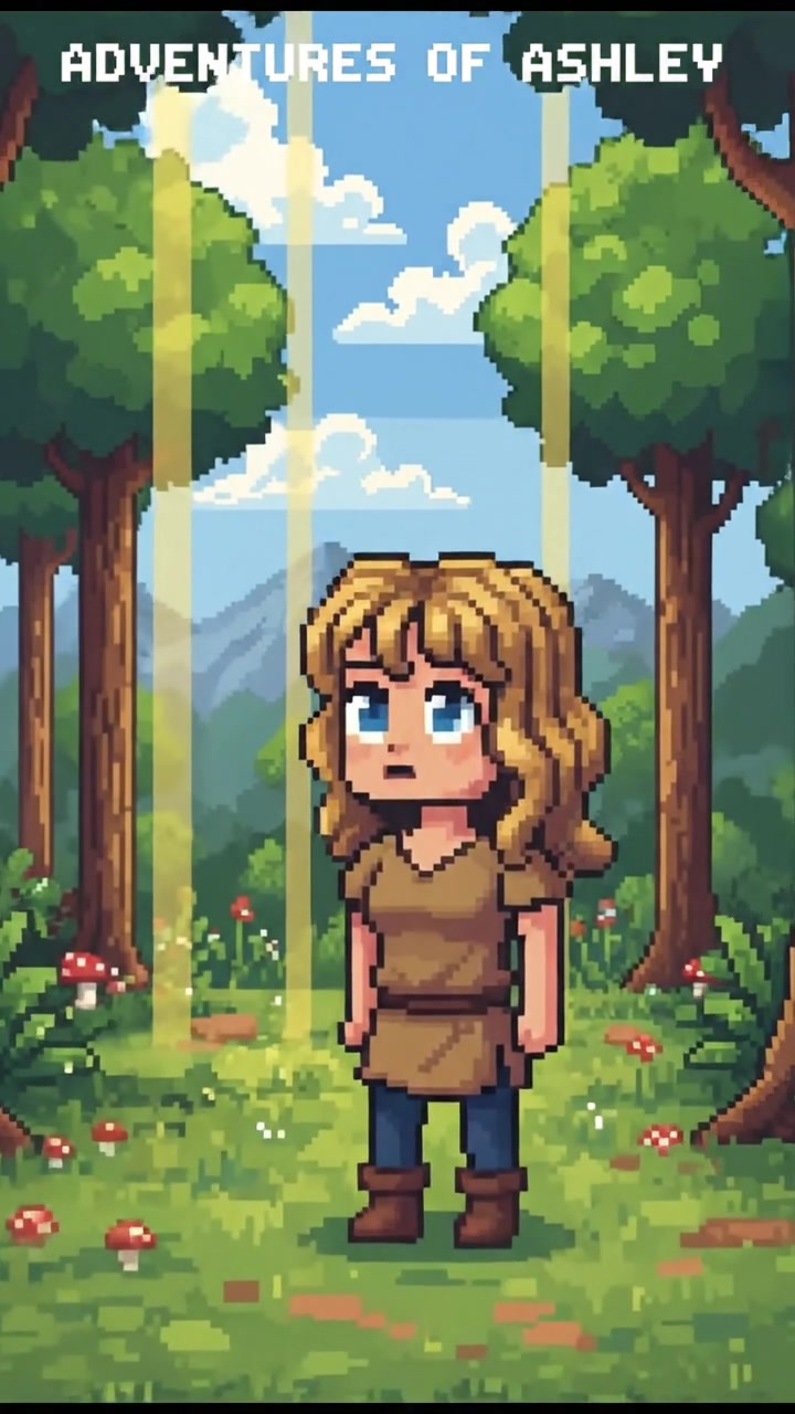 Ashley standing in a lush, green forest, looking around with a curious expression.