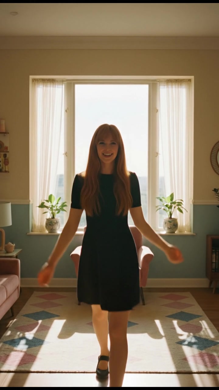 A wide shot of Emma standing by the window, sunlight streaming in as she smiles invitingly.